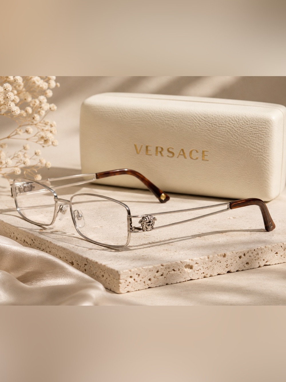Versace Medusa Rectangle Eyeglasses Silver Metal Frames w/ Case Designer Luxury